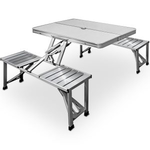 Alu campingbord m. 4 stole, foldbart, parasolholder