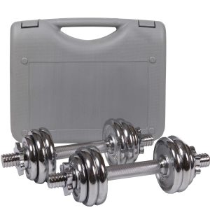 Håndvægte, 2-sæt, 15 kg, kuffert med 12 vægte (8x1 kg og 4x0,5 kg), Ø 30/31 mm, støbejern, forkromet