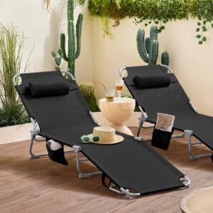 Sæt med 2 x foldbare solstole med nakkepude og justerbar solskærm - til have og altan, sort