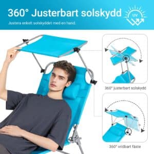 Foldbar solstol med nakkepude og justerbar solskærm - til have og altan, turkis